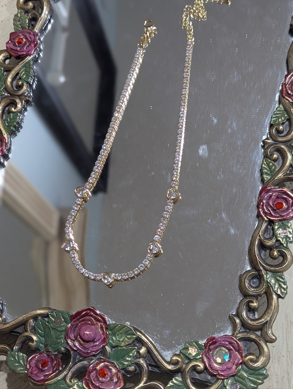 Gold Crystal Heart Station Necklace